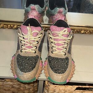 Glitter Embellished Women's Fashion Sneakers in Black and Pink